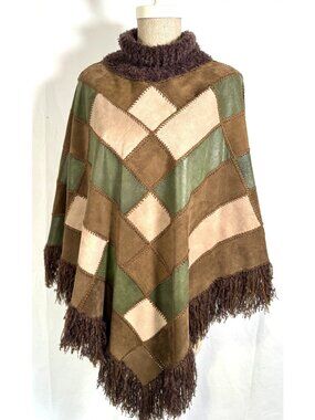 Vintage Suede Leather Multicolor Patchwork Reversible Poncho Fringe Hobo Boho